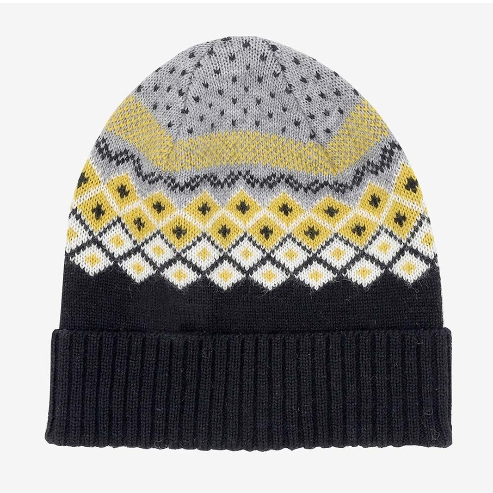 VIÐAR Icewear Iceland Hat Fair Isle Knit Wool Beanie Black, Gray & Yellow